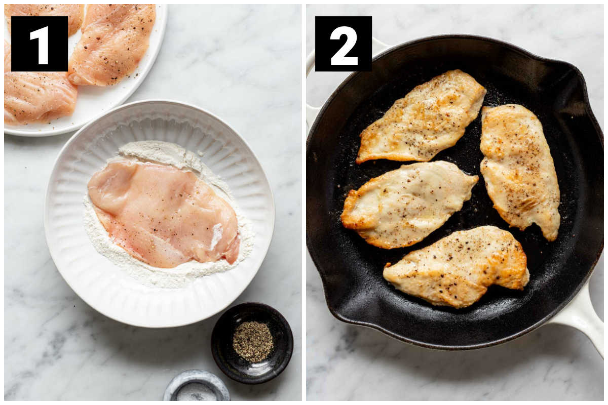 chicken breast on the left getting dredged in flour and on the right being sauteed