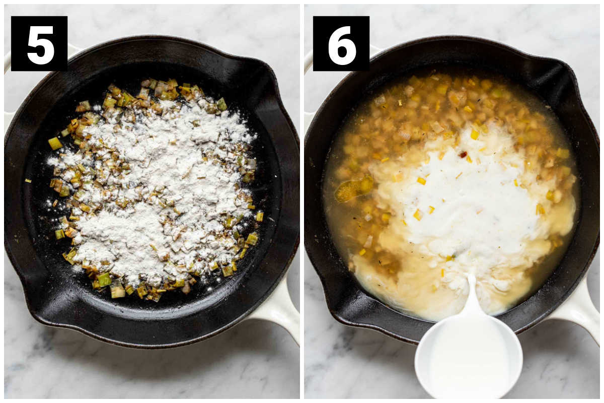 the flour sprinkled over the leeks and the broth and milk being added to the skillet