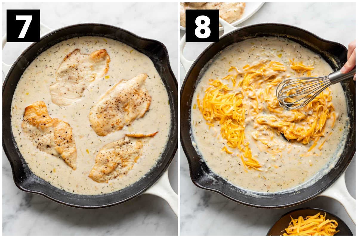 the chicken simmering in the sauce, adding the cheese to the sauce