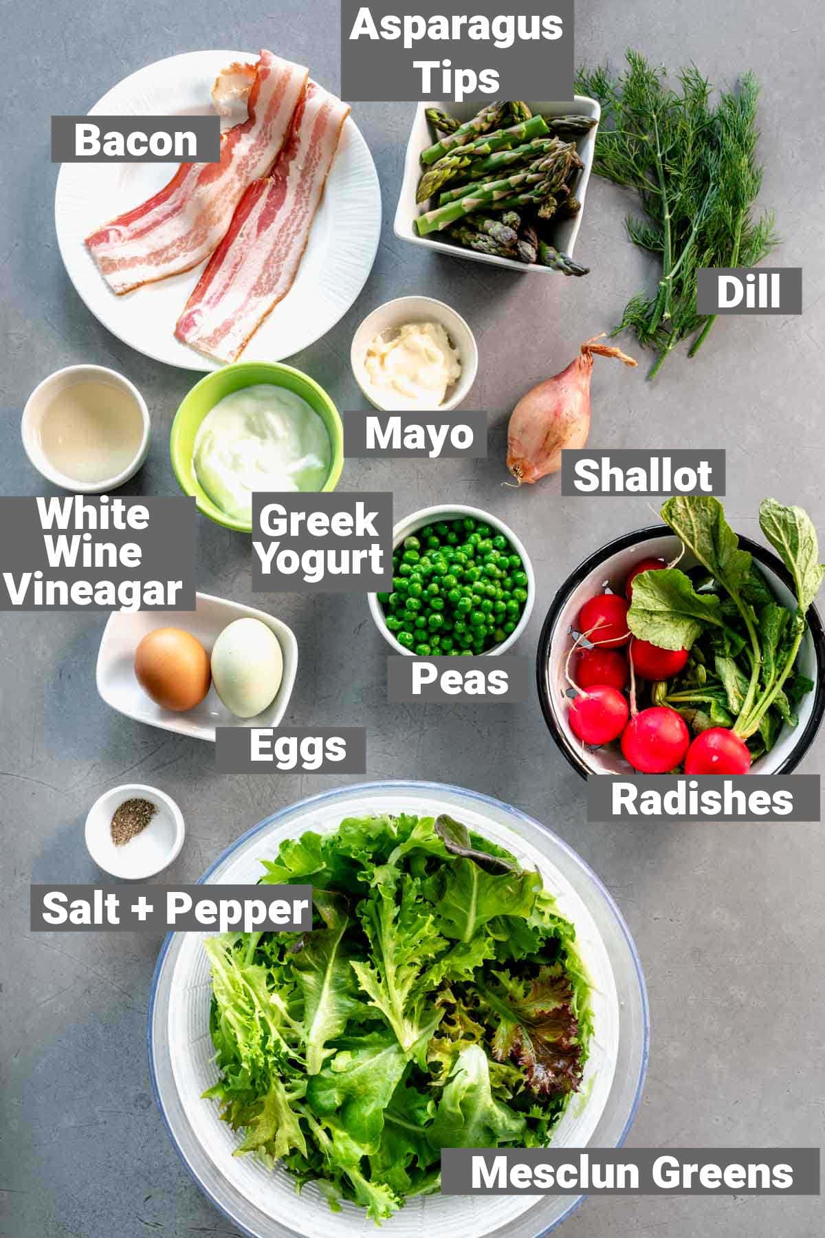 ingredients with labels for spring salad