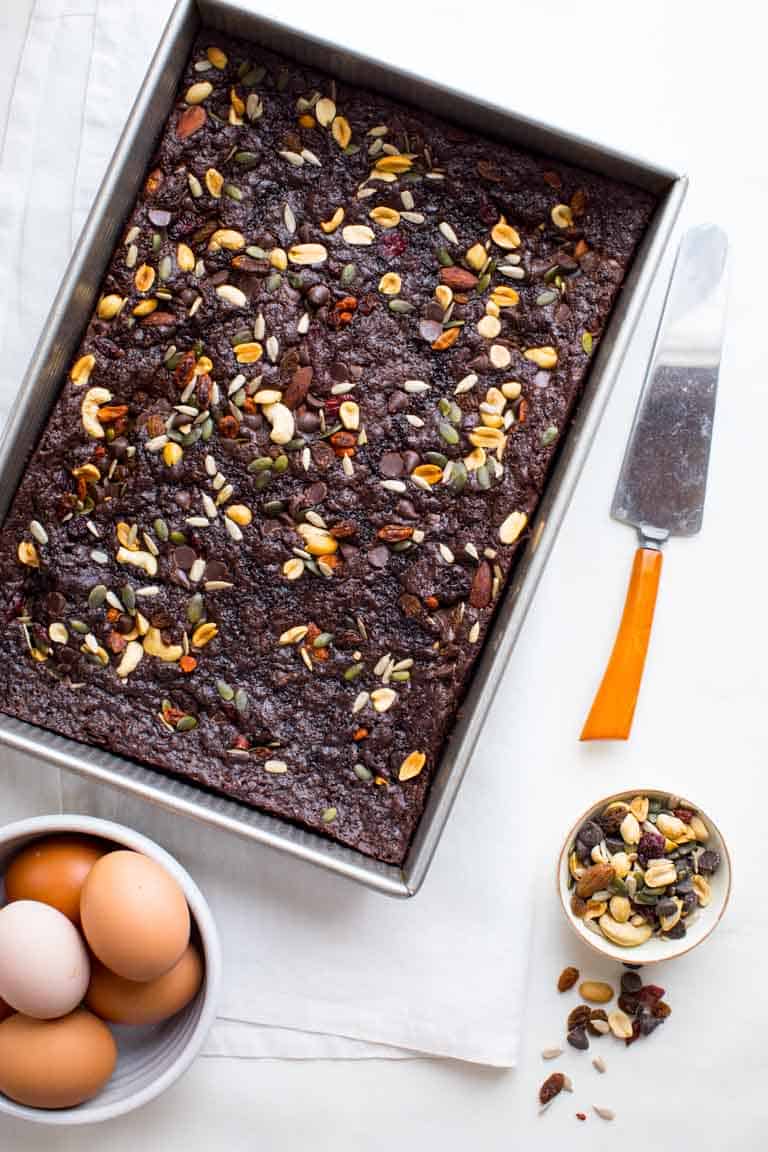 Fudgy Greek Yogurt Trail Mix Brownies in a baking dish