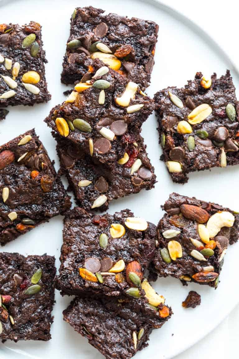 Fudgy Greek Yogurt Trail Mix Brownie squares