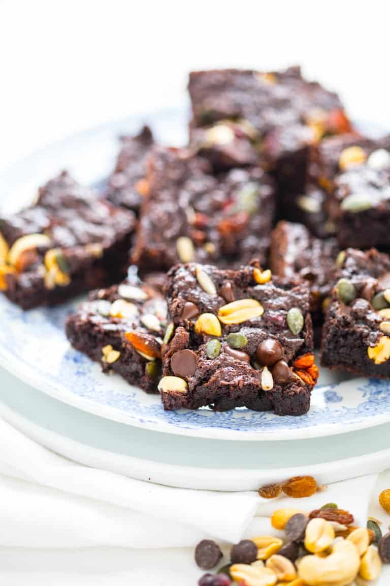 Fudgy Greek Yogurt Trail Mix Brownies on a serving plate