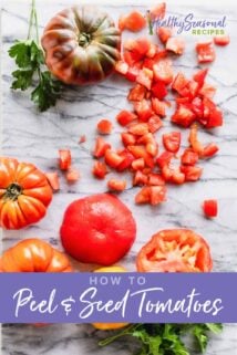 diced tomatoes and fresh tomatoes on a cutting board