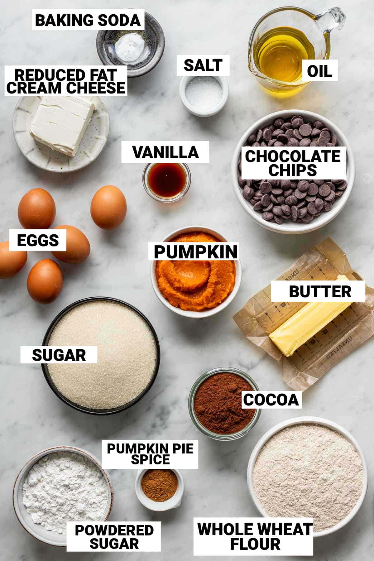 the pumpkin pie brownie ingredients with text overlay for each item