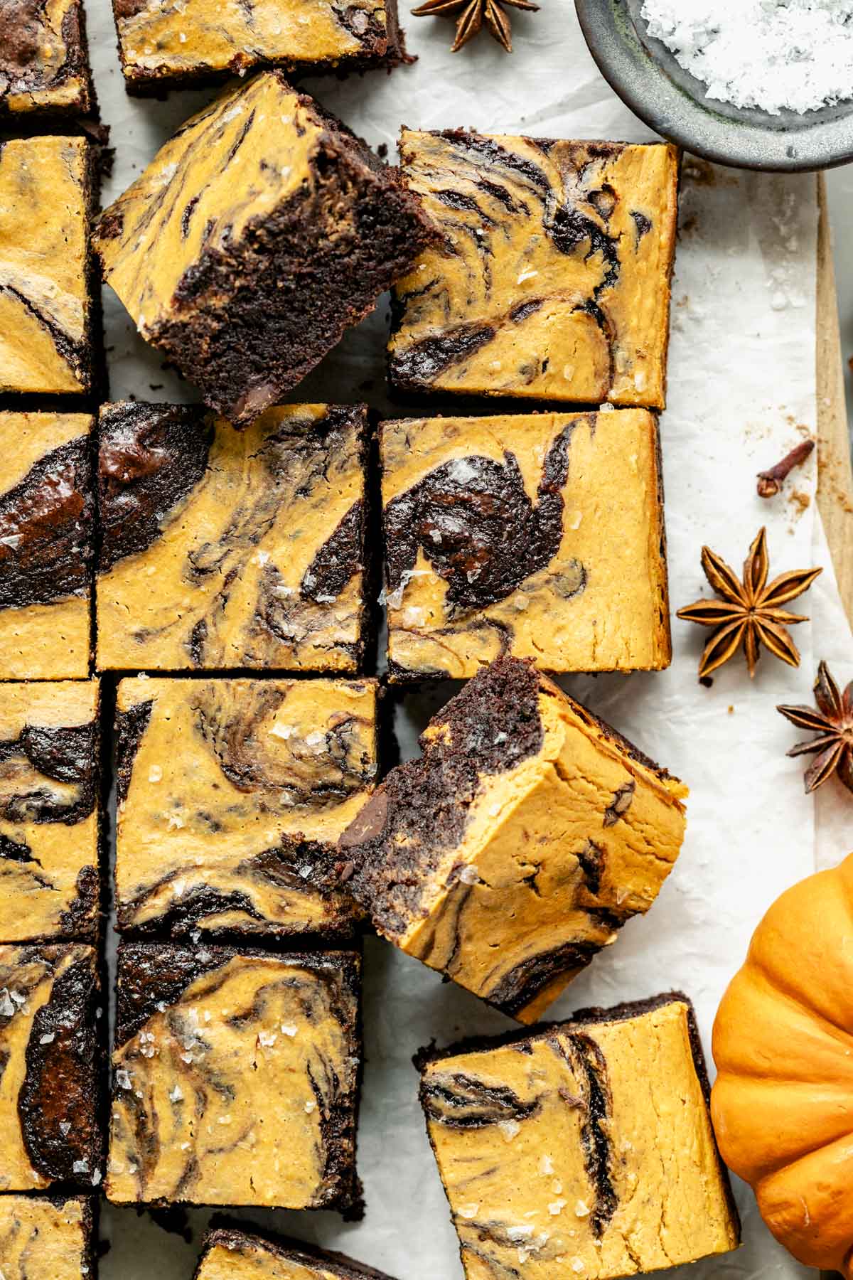 the flaky salt on the side of the cut pumpkin brownies