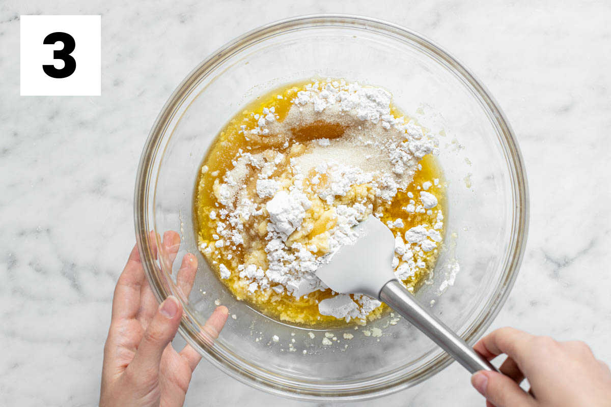 heat the butter and oil and add the sugars. Continue to heat the mixture and stir to melt the sugars