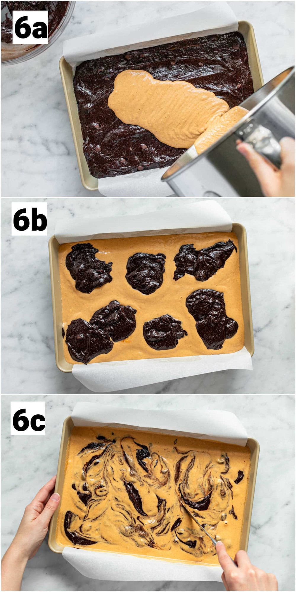 the three parts of assembling the two batters: the top pic is of the brownie batter down in the pan with the pumpkin going over it, 2 is the brownie batter dotted on top and 3 is swirling them