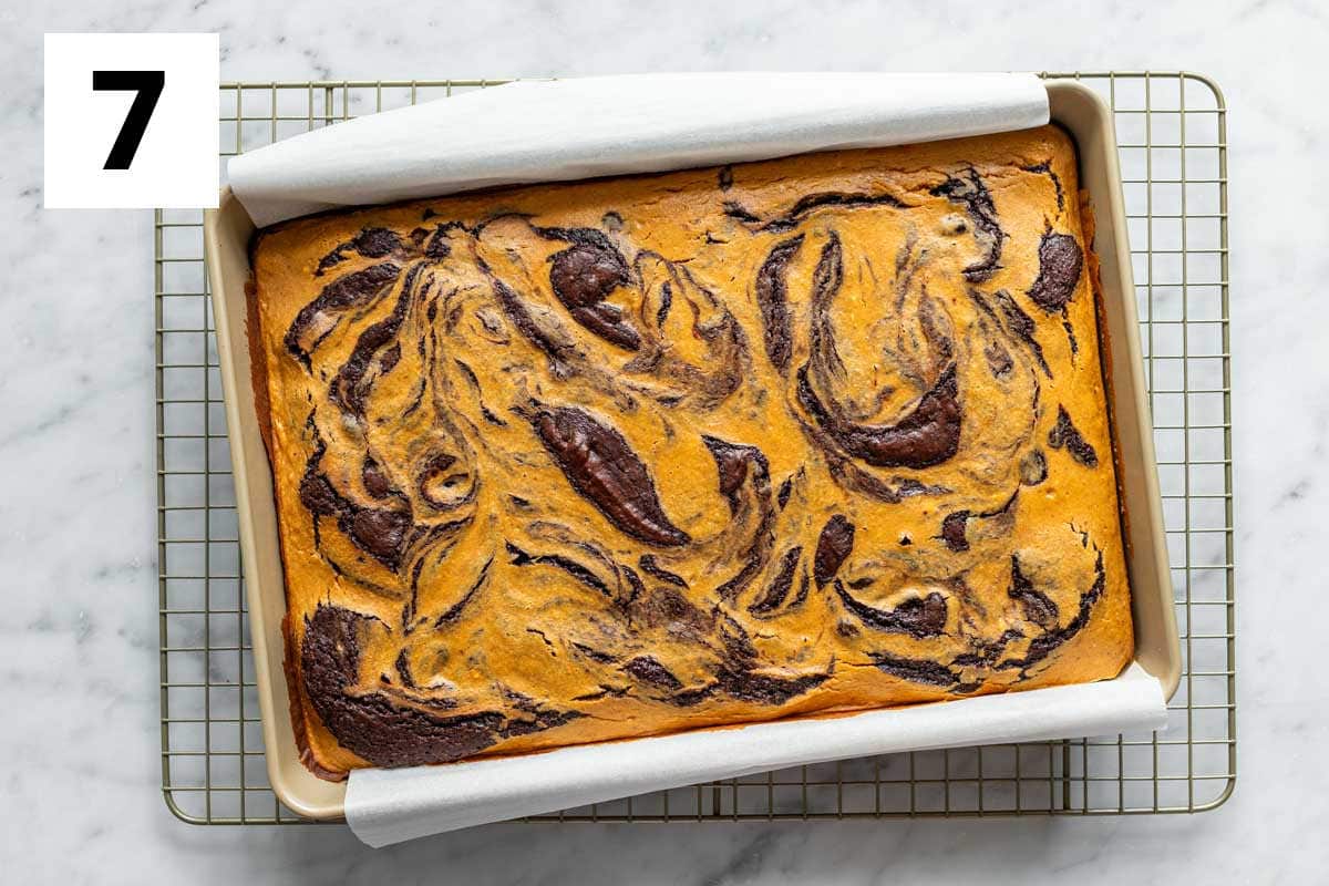 the brownies with pumpkin swirl on top still in the pan set on a cooling rack