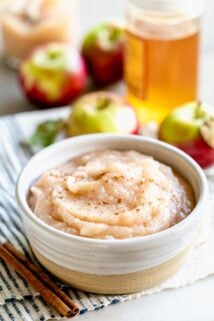 a ceramic dish of applesauce with a jar of honey and apples on a blue and white dish cloth
