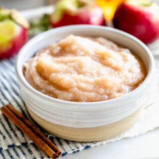 a ceramic dish of applesauce with a jar of honey and apples on a blue and white dish cloth