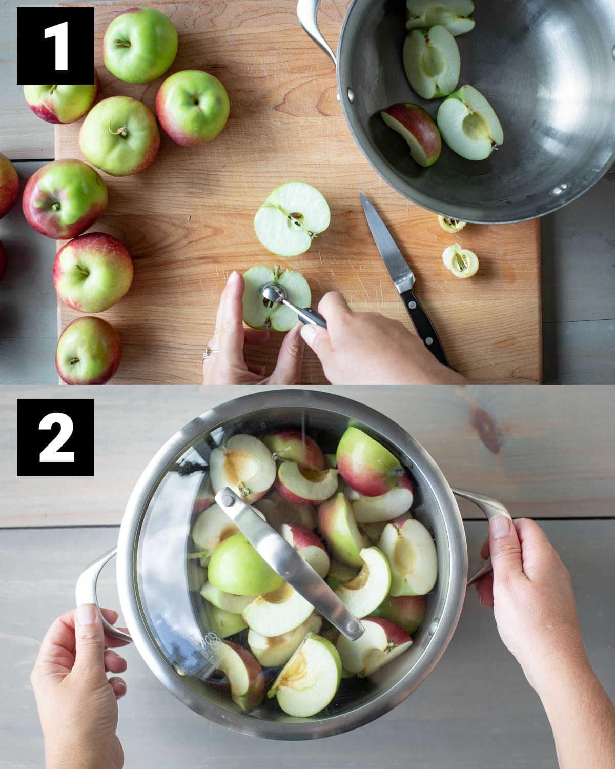 prepping the unpeeled apples, and the apples in the pot with the lid on