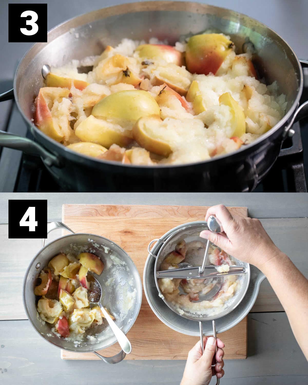 the softened apples with the skins falling off and running the apples through the food mill
