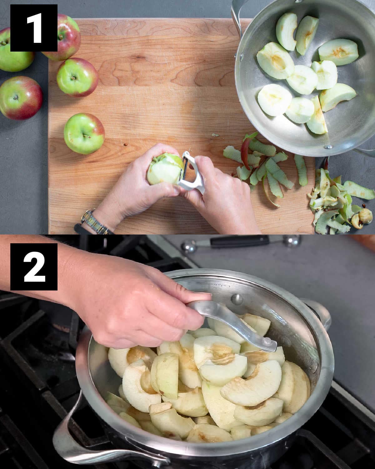 peeling the apples and then setting the lid on the pot