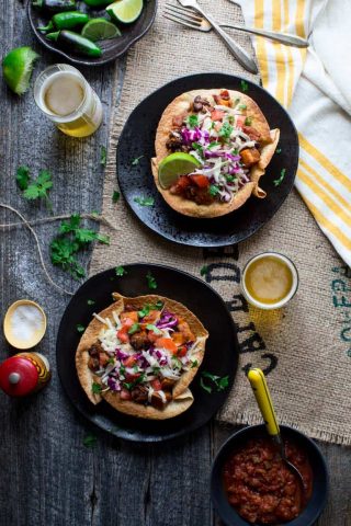 These Sweet potato and Black Bean Chili Burrito Bowls give you all the nutrition and yumminess from the veggie packed high fiber filling without needing a huge tortilla to wrap it all up.  It is vegetarian comfort food at it's best! | Healthy Seasonal Recipes | Katie Webster