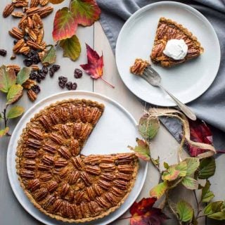 This Pecan and Dried Cherry Tart with Maple is a healthy twist on pecan pie for Thanksgiving and the winter holidays. | Healthy Seasonal Recipes | Katie Webster #tart #thanksgiving #holiday #maple
