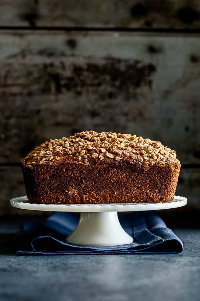 The full loaf of pumpkin bread from the side