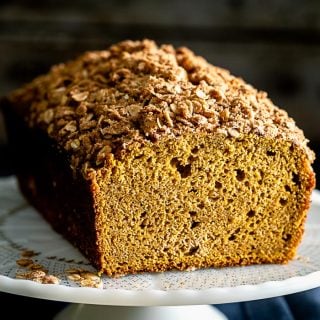 a close-up look of the pumpkin streusel bread- the texture of the inside