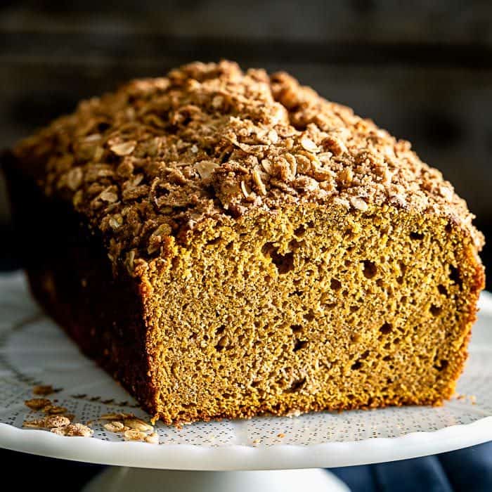 a close-up look of the pumpkin streusel bread- the texture of the inside