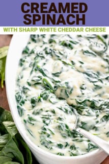 creamed spinach with cheese with text overlay