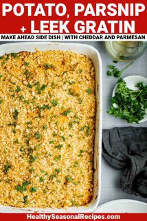 parsnip gratin in rectangular white baking dish with text overlay