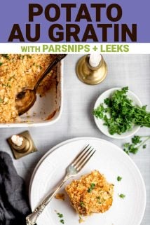 parsnip gratin on circular white plate with text overlay
