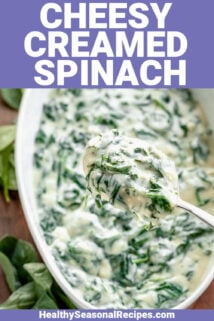 cheesy creamed spinach with text overlay