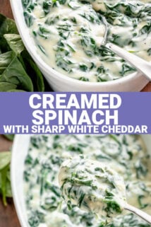 cheesy creamed spinach with text overlay