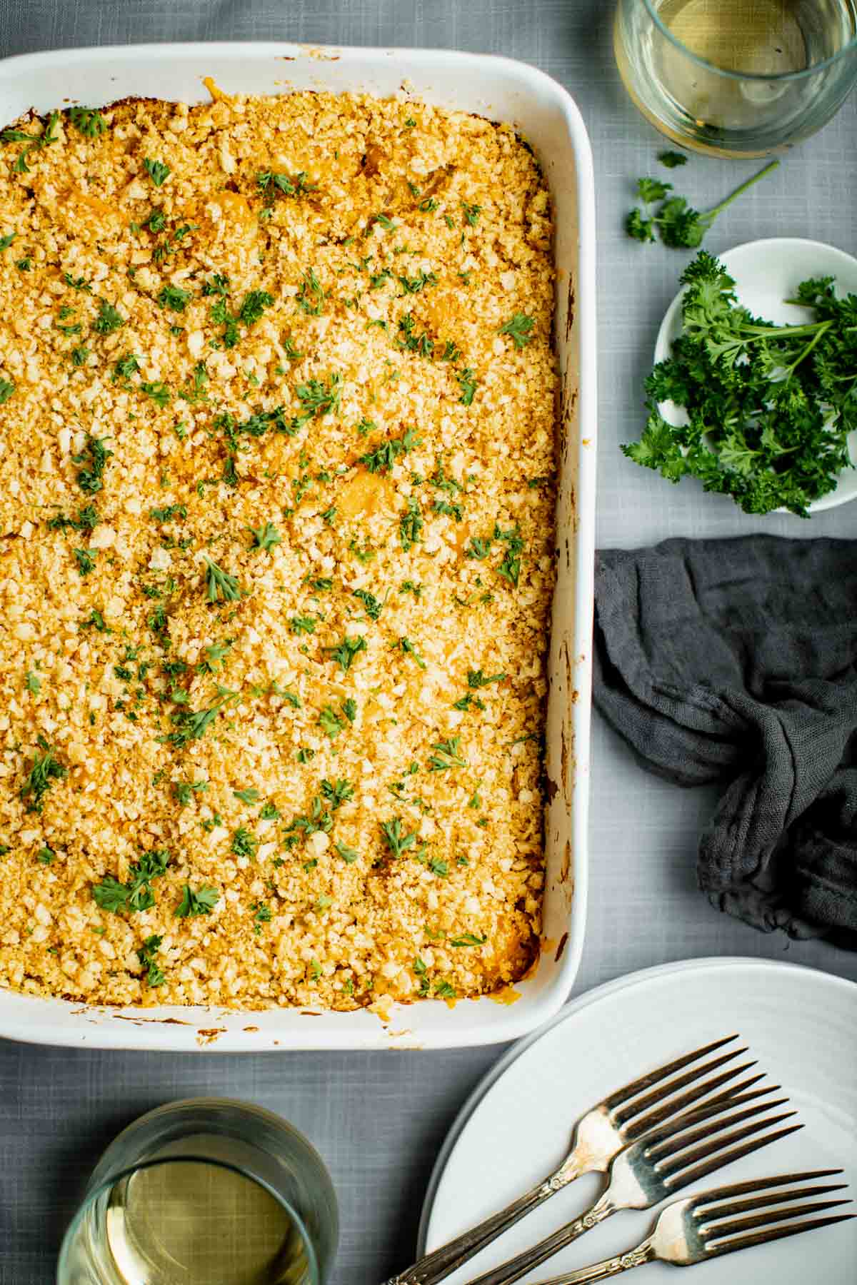 finished parsnip gratin in rectangular white baking dis