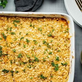 parsnip gratin in white casserole dish