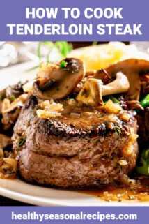 juicy steaks with mushrooms on top