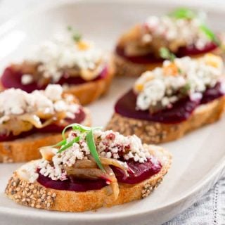 Beet and Caramelized Onion Bruschetta with Crumbled Goat Cheese