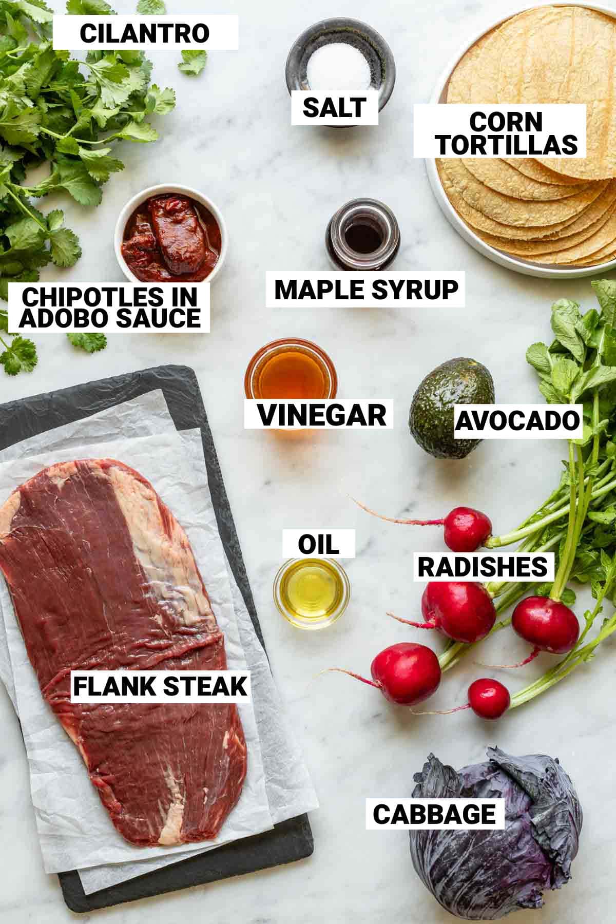 THE STEAK TACOS INGREDIENTS ON A WHITE TABLE WITH TEXT OVERLAY