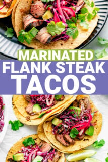 the steak tacos on a black plate with lime wedges and pickled onions