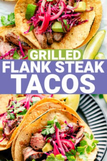the steak tacos on a black plate with lime wedges and pickled onions