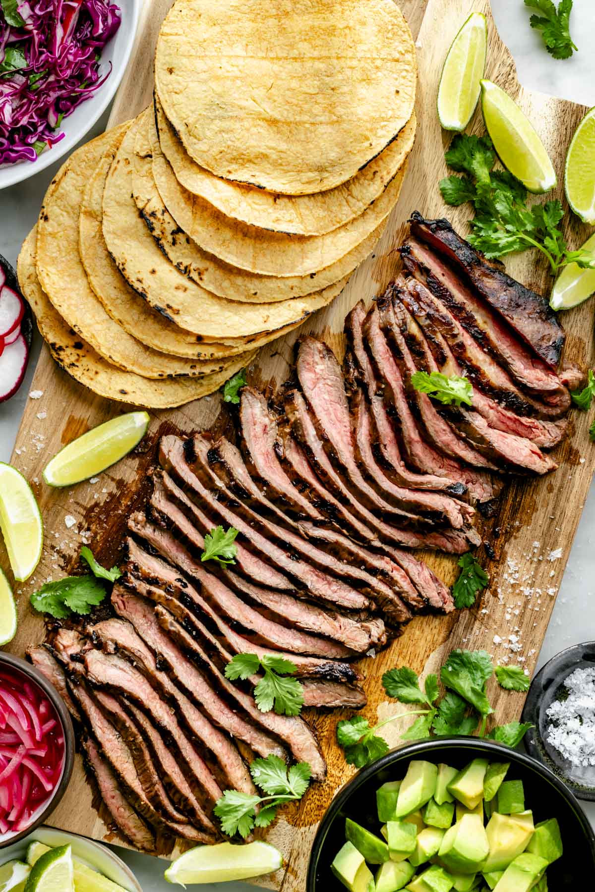 the mis en place for the steak tacos on a board