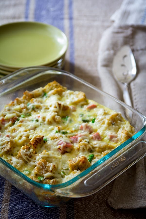 Easy Ham and Asparagus Bread Pudding in a baking dish