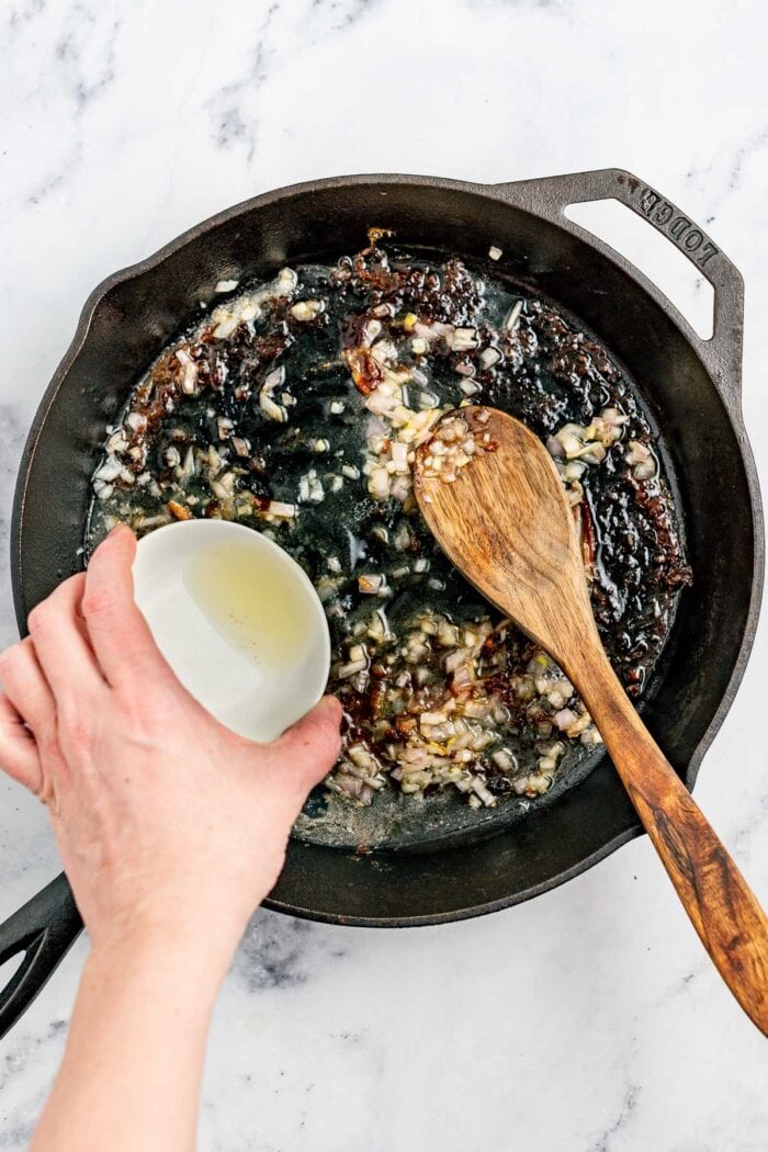 cooking the shallots and deglazing the pan