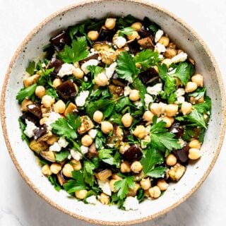 overhead of ceramic bowl with salad