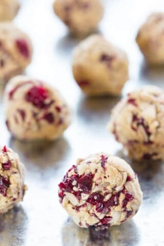 Sunflower Seed, banana, cranberry protein balls. Gluten-free, vegetarian and nut free via healthyseasonalrecipes.com