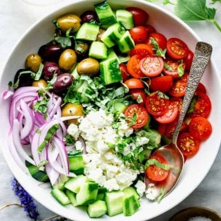 A close-up of cucumber greek salad