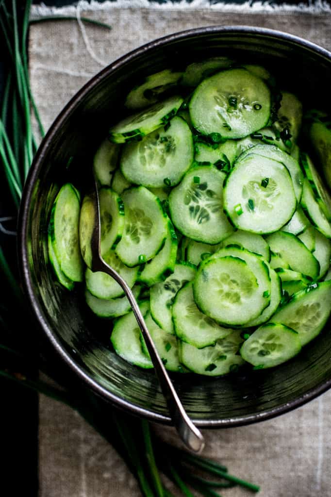 Simple Skinny Cucumber Salad only 19 calories per serving. Vegan, Gluten-free and Fat-free. On healthyseasonalrecipes.com
