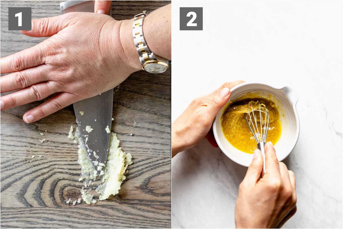 steps to make this recipe: making the garlic paste and then whisking the dressing