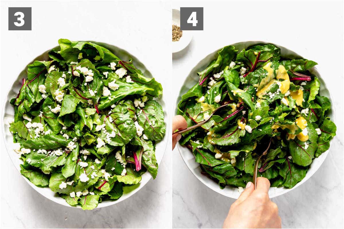 assemble the greens with feta and add the dressing
