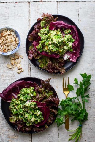 This mayo-free Chimichurri Chicken Salad will be the back to school lunch of your dreams and it just happens to be #Whole30 friendly, #gluten-free and ready in under 30 minutes! | Healthy Seasonal Recipes | Katie Webster #lowcarb #highprotein #lunch #chicken #healthy #grainfree #dairyfree #nomayo
