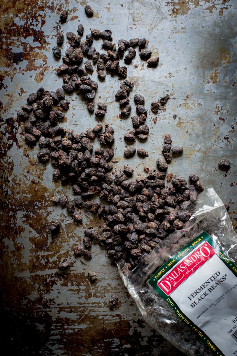 fermented black beans on a sheet tray