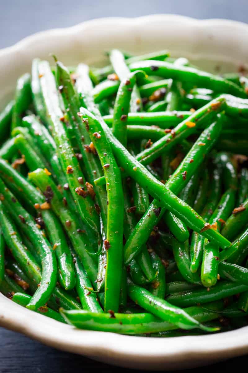 Dirty Green Beans in a white bowl