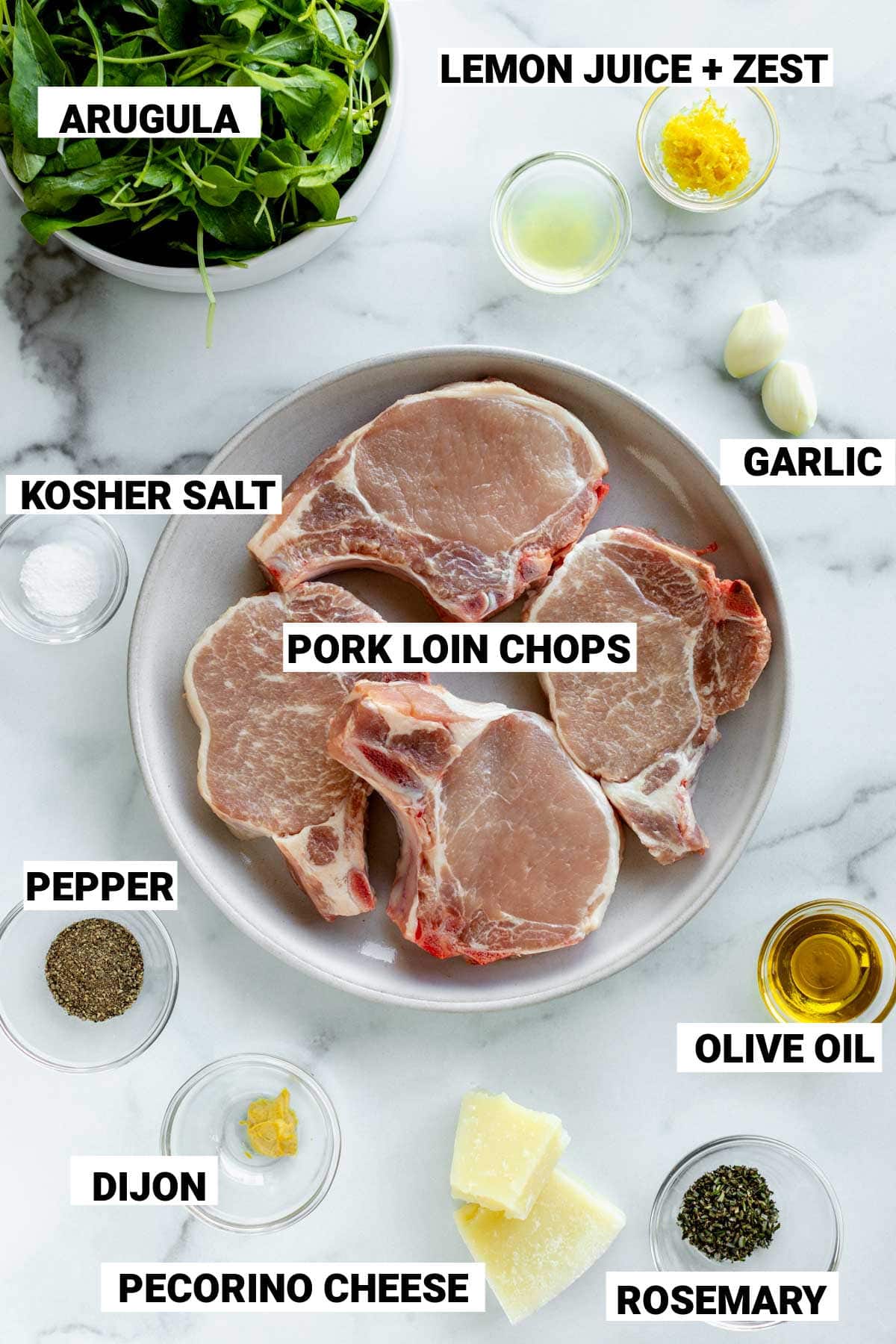 the ingredients for the pork chop recipe with text labels