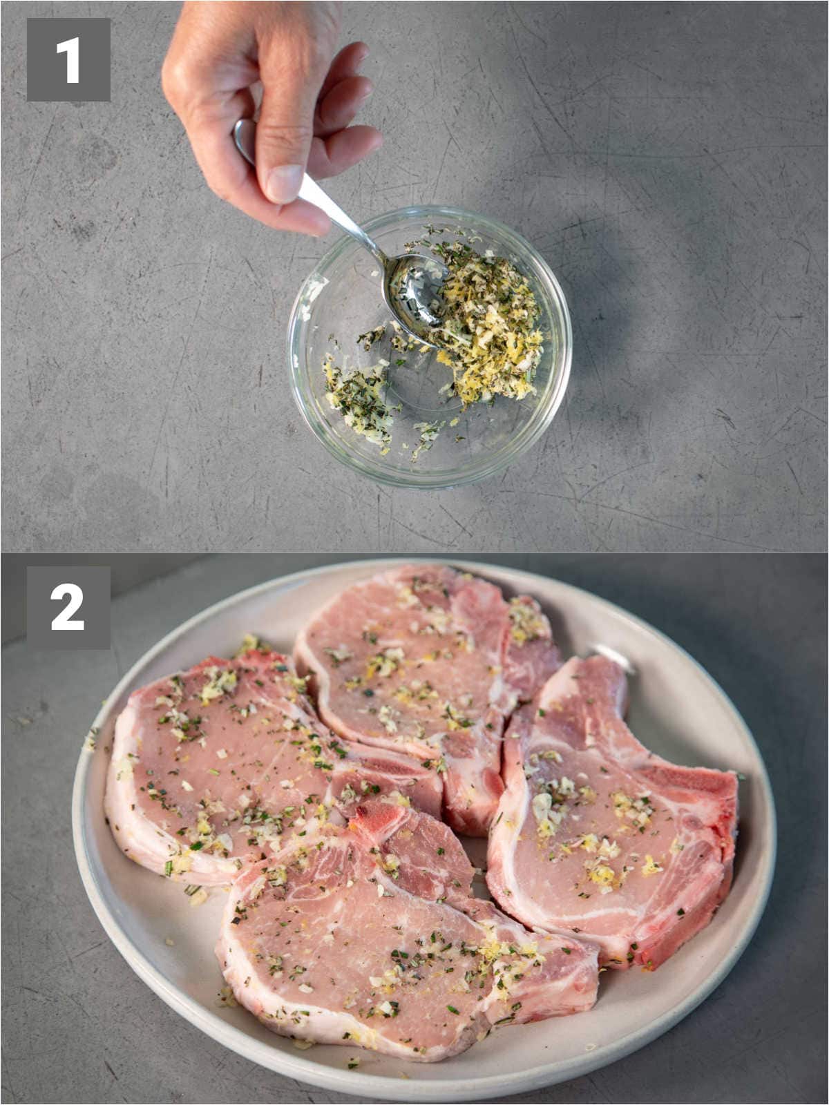 make garlic lemon paste in a bowl then rub over the pork