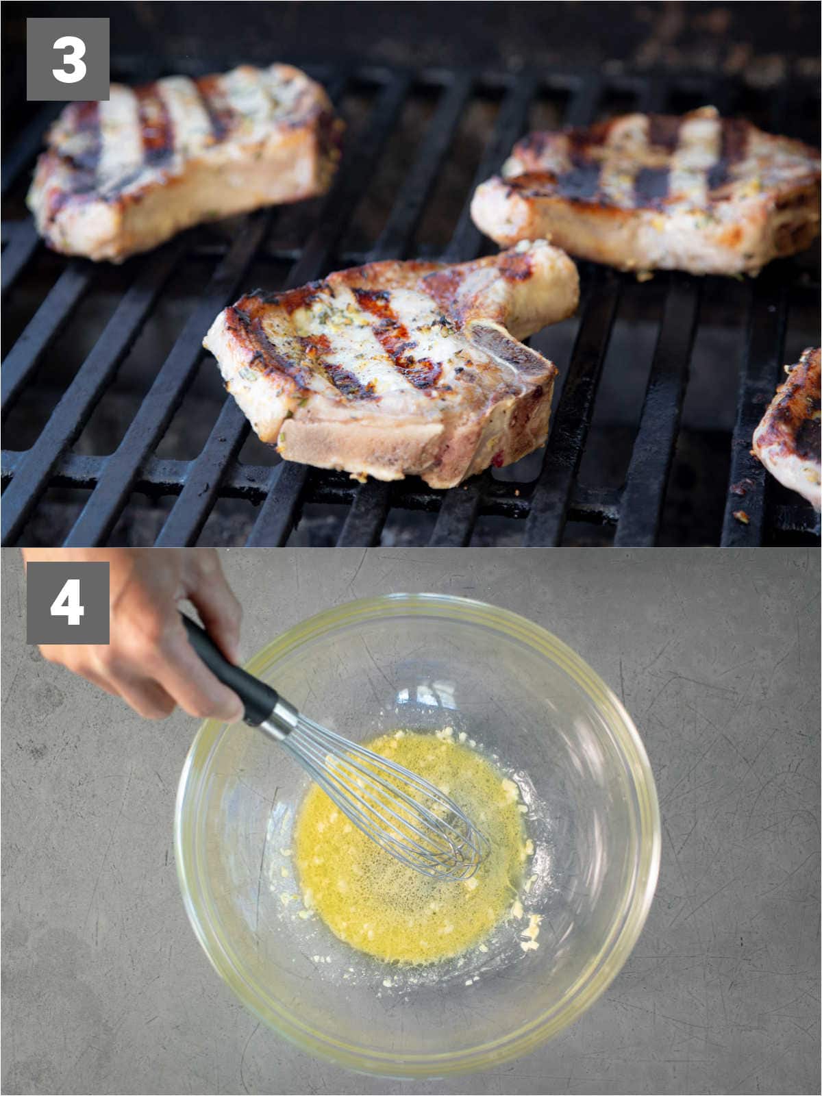 grill the chops then whisk the dressing in a bowl